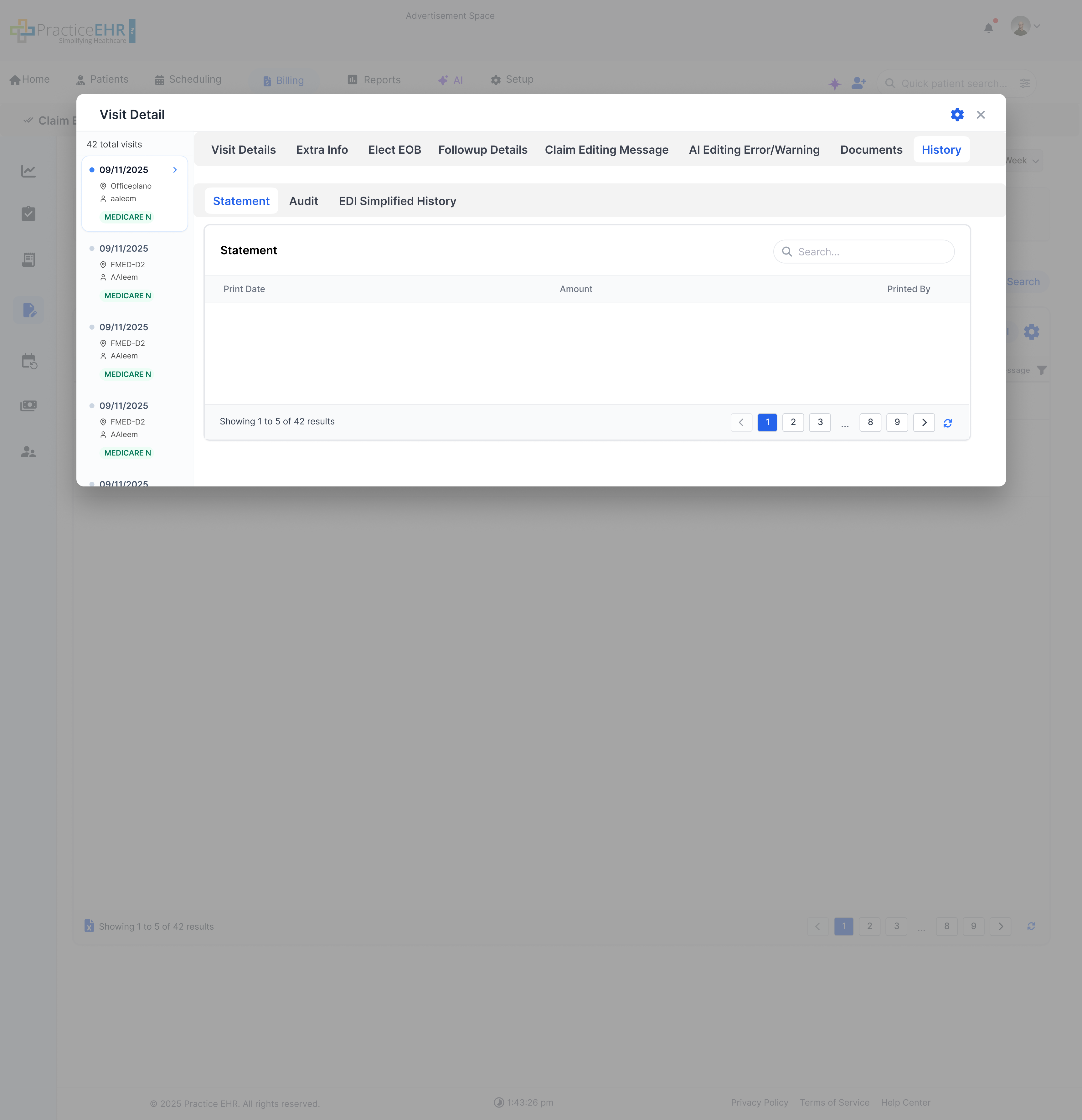 Visit History Statement tab